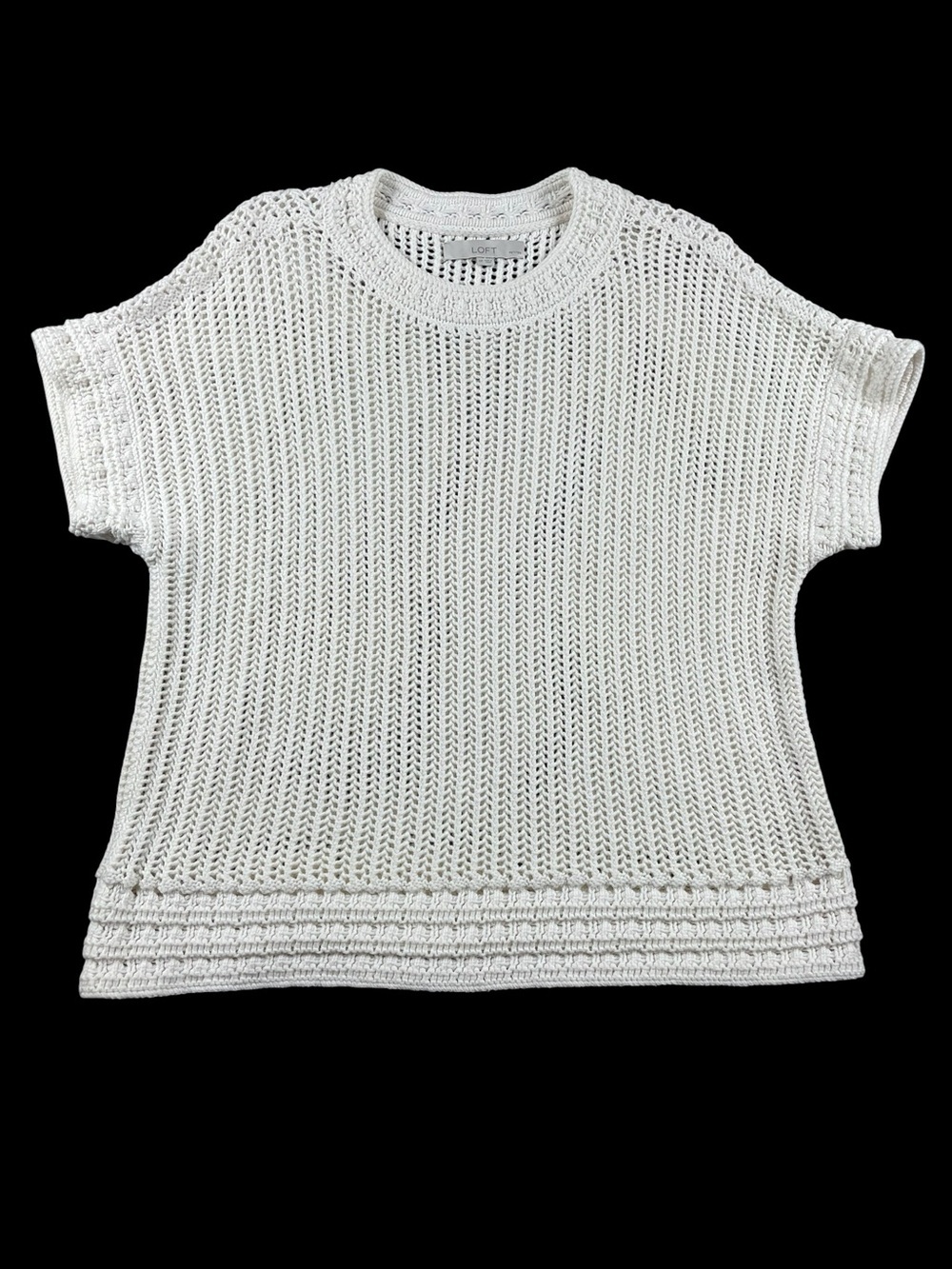 LOFT Petites Cream Open Knit Minimalist Simple Neutral Short Sleeve Sweater - SP